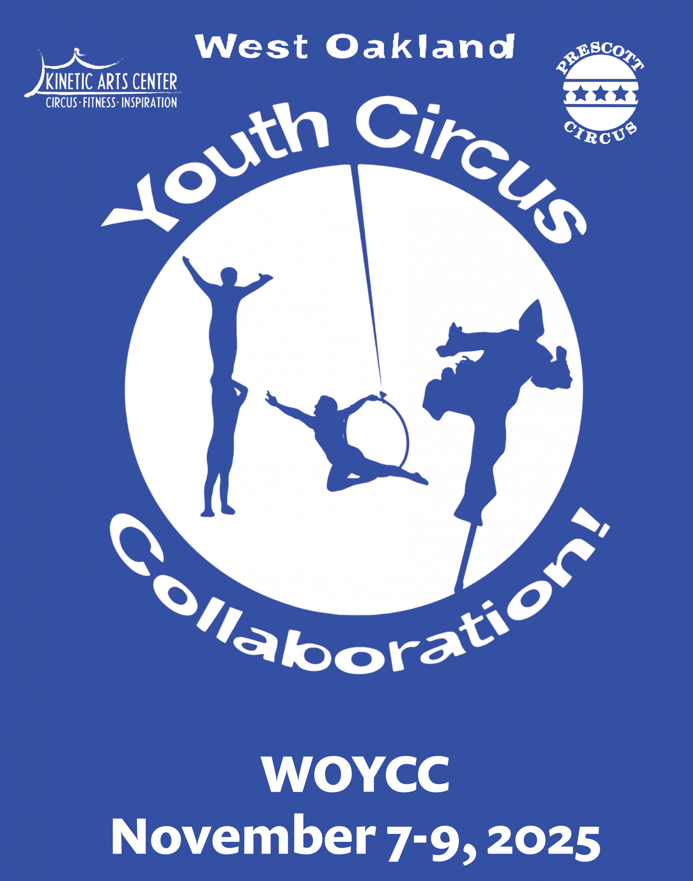 WOYCC 2025 logo with a white circle and the silhoettes of an acrobat standing on the shoulders of another, an aerialist posing in a hoop, and a stilt dancer hopping on one stilt with text that says 2025 West Oakland youth Circus Collaborative Nov 8-9