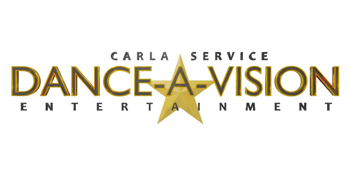 logo with black and gold lettering on a white background with a gold star in the middle that reads Carla Service Dance A Vision Entertainment